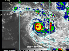 Animation of infrared satellite imagery showing Cyclone Harold intensifying quickly as it moved through Vanuatu