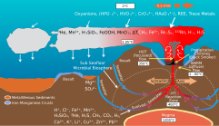 Diagram of biogeochemical processes within a hydrothermal vent system Deep Sea Vent Chemistry Diagram.svg