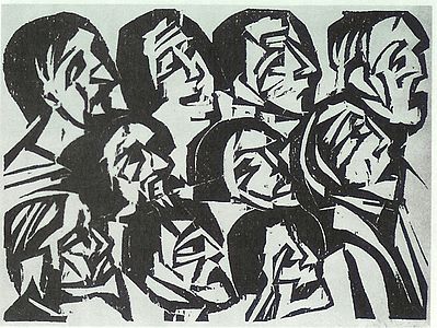 Y Gynulleidfa, torlun pren gan Ernst Ludwig Kirchner, tua 1920