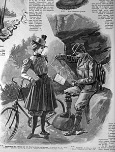 Kvinne og mann i friluftsklede i 1898. Kvinna bruker vide bukser med skjørt over.