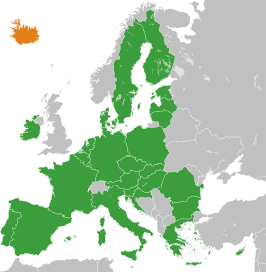 Kaart met daarop Europese Unie en IJsland