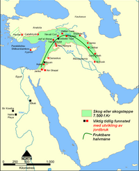 The Fertile Crescent in 7500 BC. The red squares designate farming villages. Fertile Crescent 7500 BC NOR.PNG