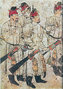 Figuras masculinas de la dinastía T'ang, fresco de la tumba del príncipe heredero Li Hsien (李賢, 654－684).