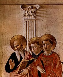 Three saints at the foot of a column