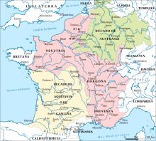 The Frankish domains in the time of Charles Martel (boundaries approximate), primarily modern day France, Germany, Belgium, Netherlands, Czech Republic and Austria Francia at the death of Pepin of Heristal 714-es.svg