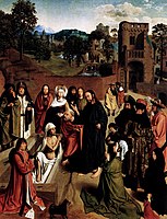 Geertgen tot Sint Jans, La resurrección de Lázaro, con tres retratos de donantes arrodillados (y quizás su perro)). La diminuta niña representa quizás a una hija muerta en la infancia o un nacimiento posterior que hizo añadir otra figura al cuadro