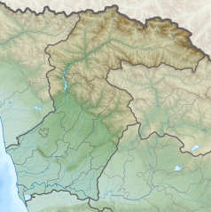 Mapa konturowa Megrelii i Górnej Swanetii, po lewej nieco na dole znajduje się punkt z opisem „Zugdidi”