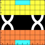 9×3 player areas, two "X" bridges [25-piece game]