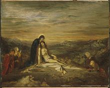 La vierge recueille le Christ, étendu sur un linceul. Des personnages de part et d'autre de la scène prient.