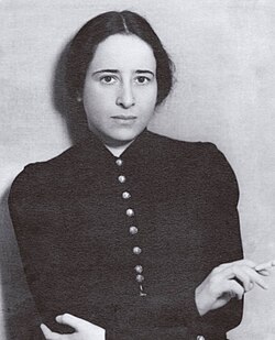 Anti-totalitarian: Hannah Arendt thwarted the totalitarian model Kremlinologists who sought to co-opt the thesis of The Origins of Totalitarianism (1951) as American anti-Communist propaganda that claimed that every Communist state was of the totalitarian model. Hannah Arendt 1933.jpg