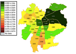 Índice de desarrollo humano de Santiago por comunas en 2017.