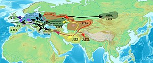 Early Indo-European migrations from the Pontic steppes and across Central Asia according to the widely held Kurgan hypothesis Indo-European migrations.jpg