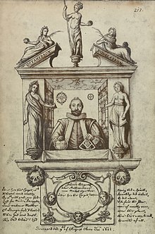 Drawing of the funerary monument to John Blagrave in St. Lawrence's Church. Commissioned by Blagrave, the monument shows him surrounded by five female statuettes holding the five platonic solids. Blagrave holds a globe in his right hand and a quadrant in his left. He is flanked by nondescript depictions of books and below him is an enscription identifying him and his date of death. Blagrave is depicted with black hair and a beard, he is wearing a ruff around his neck and a dark robe with red bands.