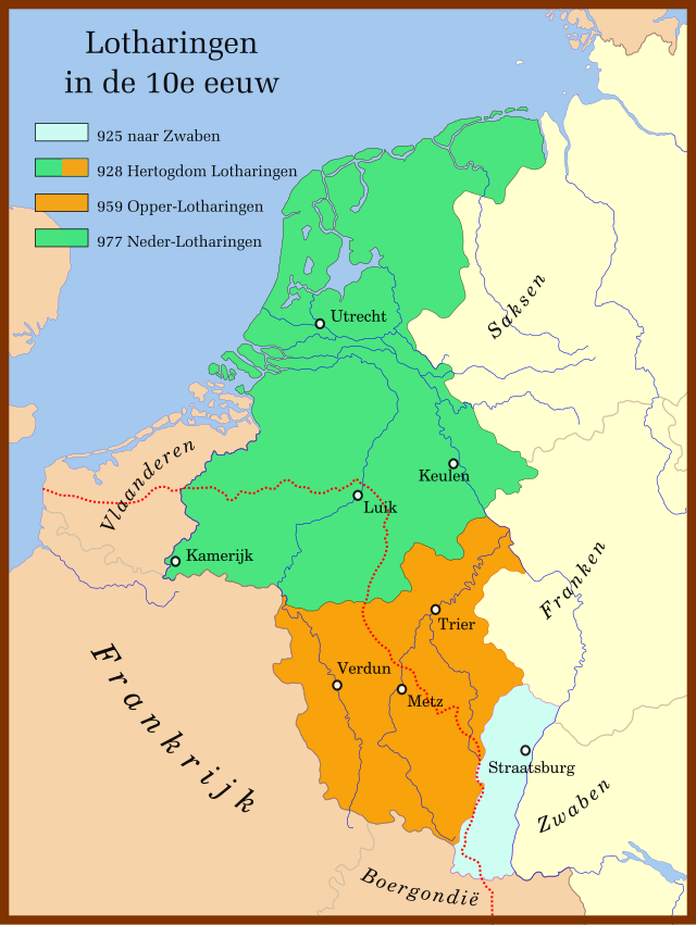 In oranje: het hertogdom in 959Rood gestippeld: taalgrens