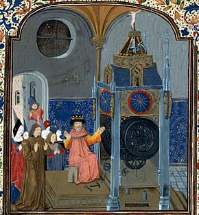 The courtier and bibliophile Louis de Gruuthuse in front of an astronomical clock. Henri Suso, Horloge de Sapience, 1470-1480 Louis de Bruges in front of an astronomical clock Henri Suso, Horloge de Sapience 1470-1480.jpg