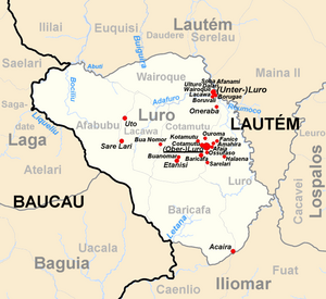 Die Karte zeigt das Verwaltungsamt Luro vor 2015. Die Sucos Afabubu und Wairoque tauschten ihre Territorien. Afabubu liegt nun im Norden Luros.
