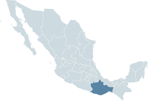 Locator map for the state of Oaxaca within Mexico.