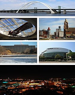 Clockwise from top: Interstate 74 Bridge, Downtown Moline, TaxSlayer Center, the city at night, John Deere World Headquarters, a Velie Monocoupe in Quad City International Airport