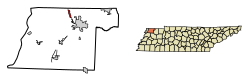 Location of Woodland Mills in Obion County, Tennessee.