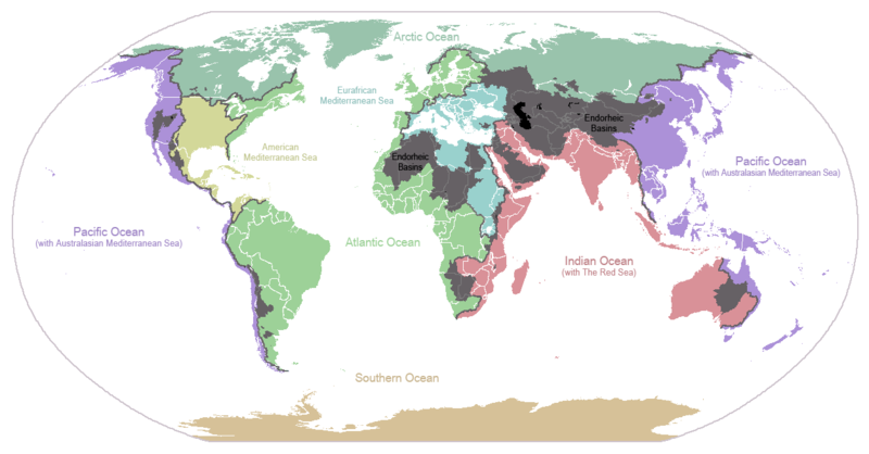 Major continental divides, showing drainage into the major oceans and seas of the world – grey areas are endorheic basins that do not drain to the ocean.