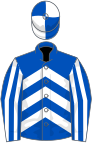 Royal blue, white chevrons, striped sleeves, quartered cap