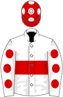 White, red hoop, red spots on sleeves, red cap, white spots