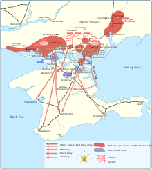 Soviet military plans for the Siege of Perekop. Perekop-Chongar operation Soviet plan map-en.svg