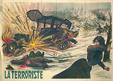 La Terroriste, a 1910 poster depicting a female member of the Combat Organization of the Polish Socialist Party throwing a bomb at a Russian official's car Plakat La Terroriste.jpg