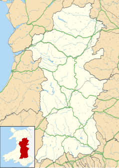 Mapa konturowa Powys, blisko centrum na dole znajduje się punkt z opisem „Builth Wells”