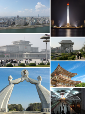 Dari kiri atas ikut pusingan jam: Pemandangan bandaraya, Menara Juche, Istana Matahari Kumsusan, Gerbang Kemenangan, Gerbang Penyatuan Semula, Makam Dongmyeong dari Goguryeo dan Stesen Puhŭng, Metro Pyongyang