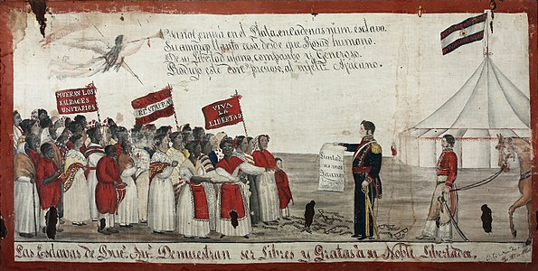 Pintura de 1841 conmemorando la abolición de la esclavitud que muestra a las exesclavas de Buenos Aires agradeciendo a Rosas.