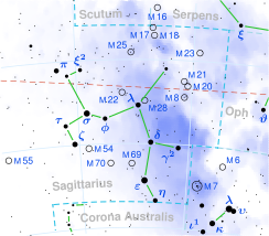 Die ligging van Epsilon Sagittarii (in die rooi sirkel).