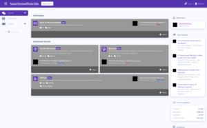 A purple themed forum. At the top is a purple bar with the text "SanctionedSuicide" on the left side and log-in and registration buttons on the right side. On the left are buttons for "Forums" (which is selected), "Rules & Info", and "Tickets". There are four sections in the middle which include: "News & Announcements", "Suicide Discussion", "Recovery", and "Offtopic". Various scenes of nature are greyed out, and user icons are blacked out. On the right are sections for "Staff online", "New Threads", "Forum statistics", and "Donations".
