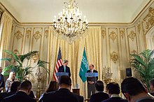 Saudi foreign minister Adel al-Jubeir announced a five-day ceasefire in Yemen, 8 May 2015 Secretary Kerry Listens As Saudi Foreign Minister al-Jubeir Announces During Paris News Conference That Yemen Cease Fire Will Begin Tuesday (17427072602).jpg