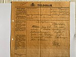 Telegram skickat från Skabersjö station av Gustav V till kronprinsen, blivande kung Gustav den Vl Adolf, med hälsningar till maka Louise Mountbatten.