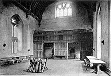 The great hall at Penshurst Place, Kent, built in the mid 14th century. A manor house hall was where the lord and his family ate, received guests, and conferred with dependents The Hall at Penshurst Place from Ancestral Homes of Noted Americans by Anne Hollingsworth Wharton (1915).jpg