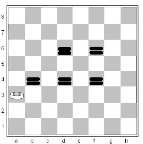 Иллюстрация взятия нескольких шашек в башнях. Белая шашка, выполнив удар a3:c5:e7:g5:e3:c5, продолжает его по "второму кругу": c5:e7:g5:e3:c5:a3, забирая в плен все шашки черных.
