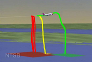 左の図における各色分け部分の落下方向・場所を再現した図（同じ色は、それぞれの機体の塗り分け箇所に対応する。）
