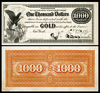 $1,000 Gold Certificate, Series 1865, Fr.1166e, with a vignette of an eagle and shield (left) and justice (bottom center).