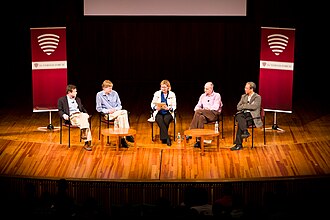 MIT professors Alan Lightman, Troy Van Voorhis, Alex Byrne, and Daniel Hastings speak on "Life, the Universe, and MIT" in a discussion moderated by Rosalind Picard. Veritas at MIT 2011.jpg