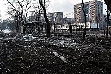 The streets in Mariupol, 12 March 2022 War damages in Mariupol, 12 March 2022 (01).jpg