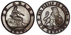 One-cent coin with the allegory of Hispania seated and with the Hispanic lion on the obverse.