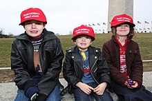 Children wearing "Make America Great Again" hats at the 2017 inauguration, a theme earlier established by Reagan to elicit a sense of restoration of hope 2017 Presidential Inauguration CV6A0675.jpg