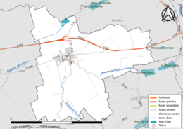 Carte en couleur présentant le réseau hydrographique de la commune