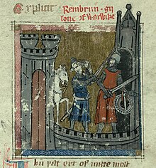 A colourful depiction of knights in a castle