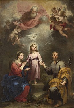 The Holy Spirit as a dove in the Heavenly Trinity, joined to the Holy Family through the Incarnation of the Son, in The Heavenly and Earthly Trinities by Murillo, c. 1677 Bartolome Esteban Murillo - The Heavenly and Earthly Trinities - 1681-82.jpg