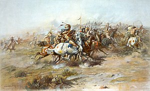 Charles Marion Russellin Little Bighornin taistelua kuvaava maalaus The Custer Fight vuodelta 1903.