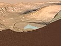 Gale Crater - Landing lloc té noted - also, alluvial fan (blue) and sediment layers in Aeolis Mons (cutaway).