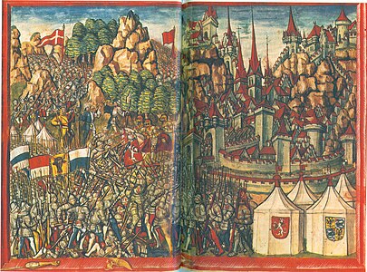 Grosse dreieckige Schweizerfahne (links oben) in der Schlacht bei Arbedo 1422. Die Eidgenossen marschieren unter den Fahnen ihrer Kantone, an ihrer Kleidung findet sich jedoch das weisse Kreuz, teils auf rotem Grund. Luzerner Chronik (1513).