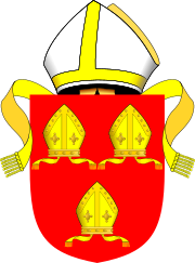 Arms of the Bishop of Chester: Gules three mitres with their lables Or. Diocese of Chester arms.svg